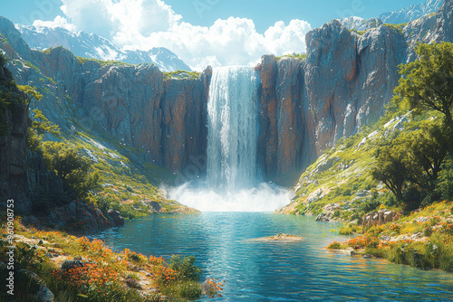 An immense, shimmering waterfall cascading from the sky into a desert, creating an oasis where none existed before. Concept of fantastical elements disrupting natural landscapes. photo