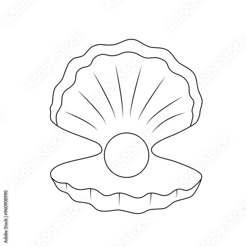 Black and white silhouette of open shell or oyster with pearl inside. Monochrome outline drawing of scallop. Vector illustration of seashell. For coloring, cards, printing, packaging, invitations