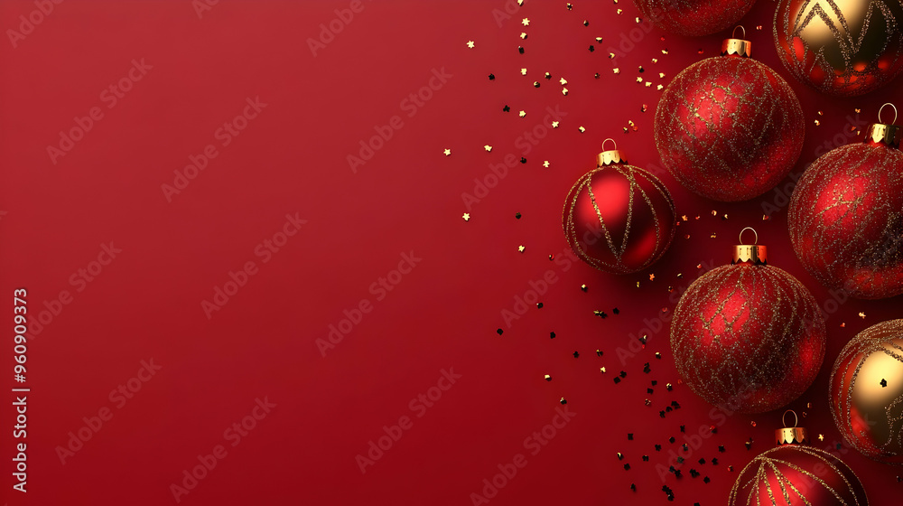 Red Christmas Baubles with Gold Glitter on Red Background Red Christmas Baubles with Gold Glitter on Red Background