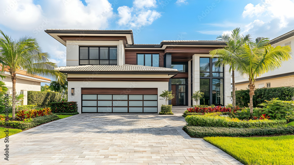 Modern Luxury Home Exterior with Palm Trees and Landscaped Garden Modern Luxury Home Exterior with Palm Trees and Landscaped Garden