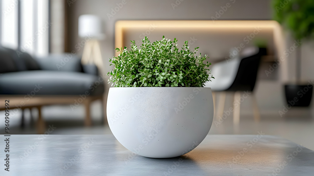 Green Plant in White Round Pot on Grey Table in Modern Living Room Green Plant in White Round Pot on Grey Table in Modern Living Room