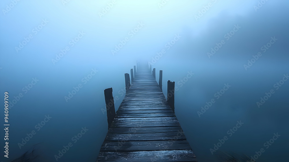 Misty Wooden Pier Extending into Foggy Lake Misty Wooden Pier Extending into Foggy Lake