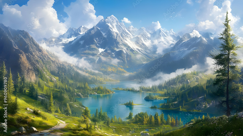 Fototapeta premium Majestic Mountain Lake with Snow Capped Peaks and Lush Forest