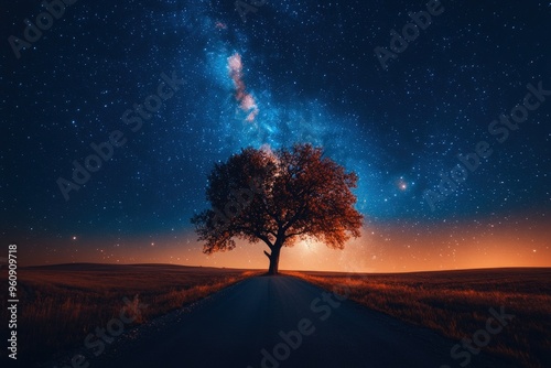 A lone tree stands tall in a field, silhouetted against the breathtaking backdrop of the Milky Way, with a road leading towards it. photo