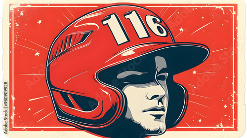 Vintage Baseball Helmet Poster Design with Number photo