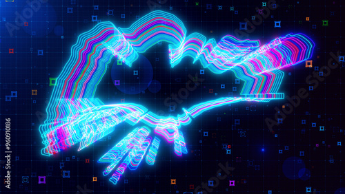 A vibrant digital artwork of Singapore map outlined with neon lines, set against a futuristic grid background with colorful abstract HUD squares.