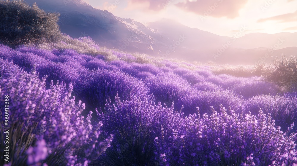A field of lavender blossoms sways gently in the breeze, filling the air with its calming fragrance, while the soft purple hue of the flowers stretches out towards the horizon A field of lavender blossoms sways gently in the breeze, filling the air with its calming fragrance, while the soft purple hue of the flowers stretches out towards the horizon