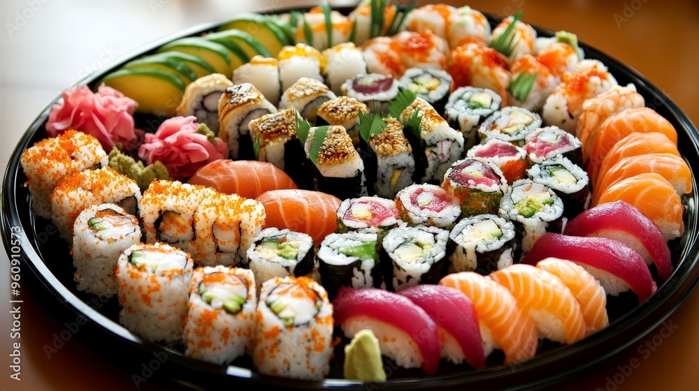 A fresh, colorful sushi platter with a variety of rolls and sashimi, beautifully presented and offering an array of flavors too delicious to resist. A fresh, colorful sushi platter with a variety of rolls and sashimi, beautifully presented and offering an array of flavors too delicious to resist.