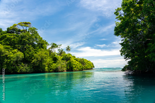 Fototapeta Naklejka Na Ścianę i Meble -  Tropical Waterfront Hut on the Pristine Island of Escudo de Veraguas, Panama, Surrounded by Crystal Clear Waters and Lush Nature, Perfect for an Eco-Friendly Getaway or Remote Vacation