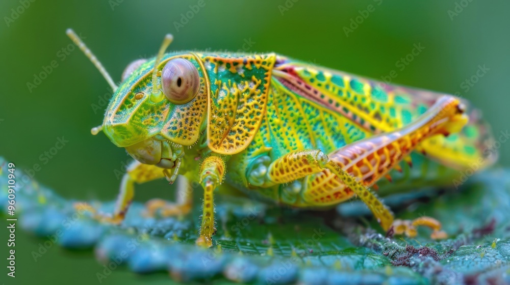 A beautifully colored green and yellow insect up close. A beautifully colored green and yellow insect up close.