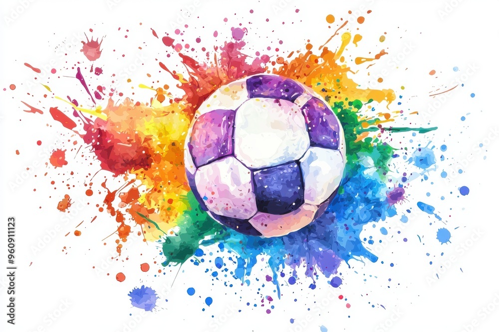 Fototapeta premium Colorful watercolor soccer ball design with vibrant splashes, perfect for sports and fun themes in various creative projects.