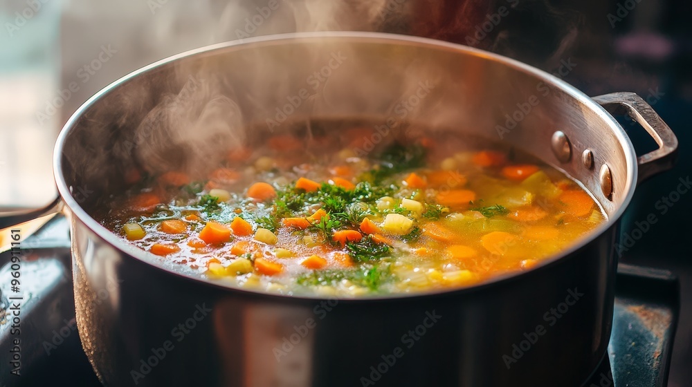 A home cook making a flavorful soup from scratch, with vegetables and herbs simmering in a pot, capturing the comfort of a homemade meal. A home cook making a flavorful soup from scratch, with vegetables and herbs simmering in a pot, capturing the comfort of a homemade meal.