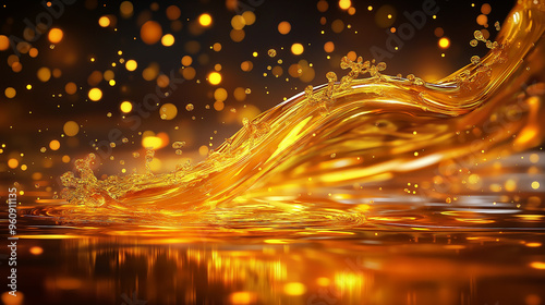 Golden liquid or oil splash with glowing bokeh lights on dark background, luxury abstract fluid motion, dynamic energy, futuristic design, gold liquid art, premium liquid splash concept photo