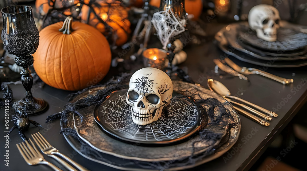 Spooky Halloween Table Setting with Skull and Spiderweb Plates Spooky Halloween Table Setting with Skull and Spiderweb Plates