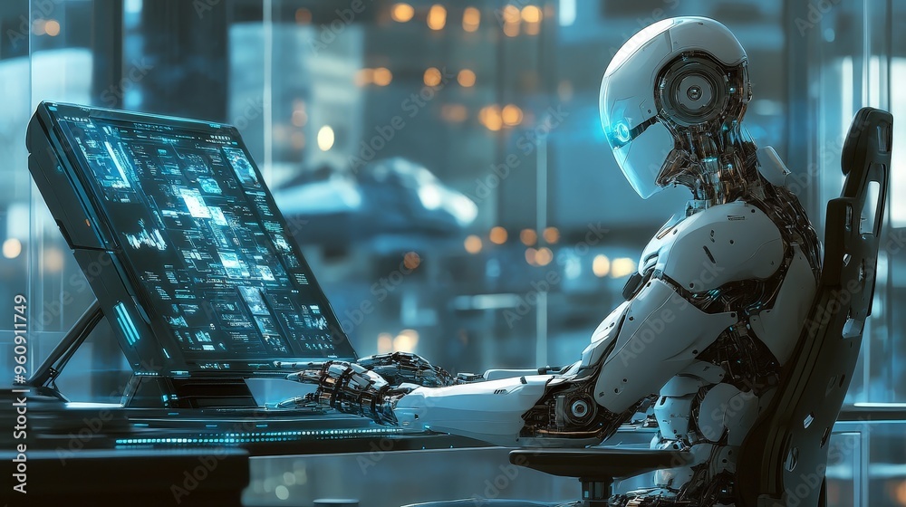 Fototapeta premium workplace where AI technology automates routine tasks, allowing employees to focus on creative and strategic work.