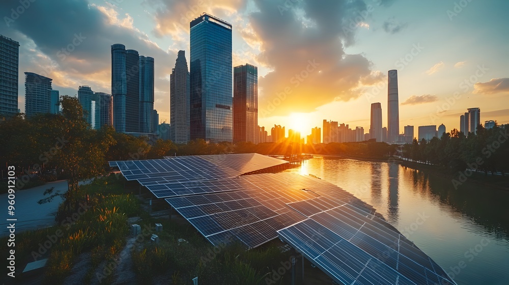 Futuristic City Skyline Powered by Renewable Solar Energy at Sunset Futuristic City Skyline Powered by Renewable Solar Energy at Sunset