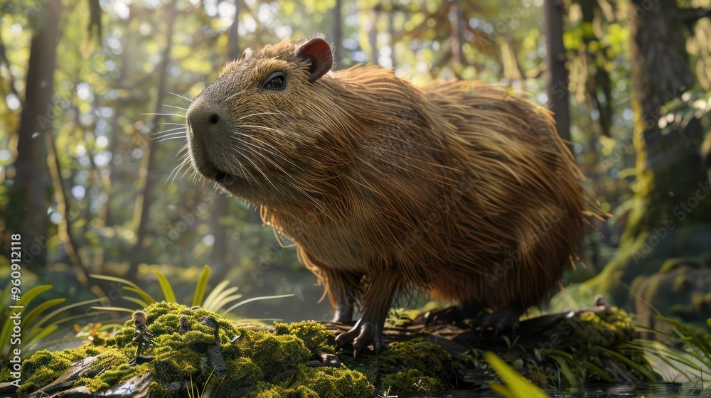 A CGI animated wild boar walking through a dense jungle with moss on rocks. A CGI animated wild boar walking through a dense jungle with moss on rocks.