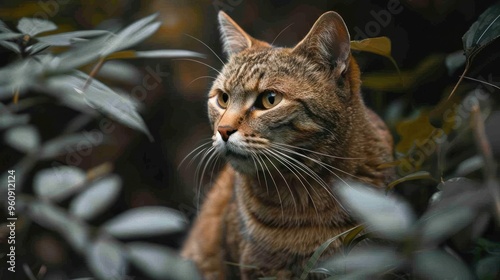 A wild cat, possibly a tabby or tiger, with a gaze directed towards the camera. photo