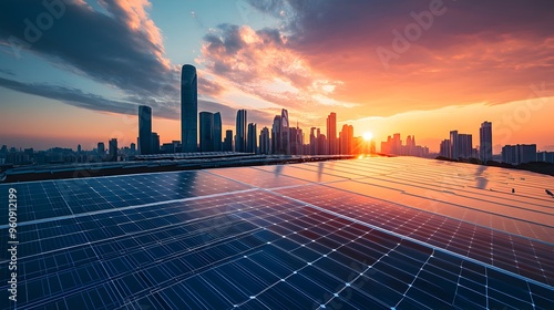 Futuristic Solar Powered Urban Skyline at Dramatic Sunset