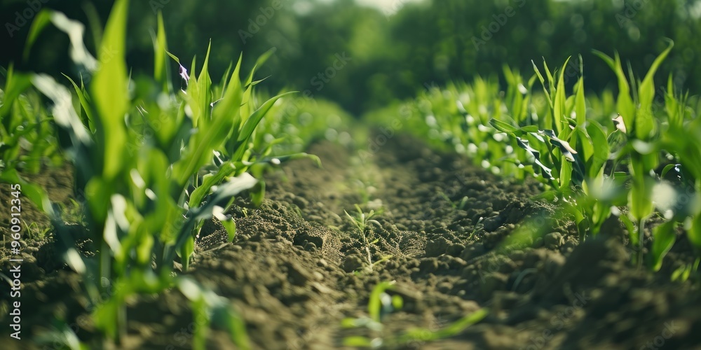Rows of young corn sprouts in a field Scenic panorama of a vibrant corn landscape