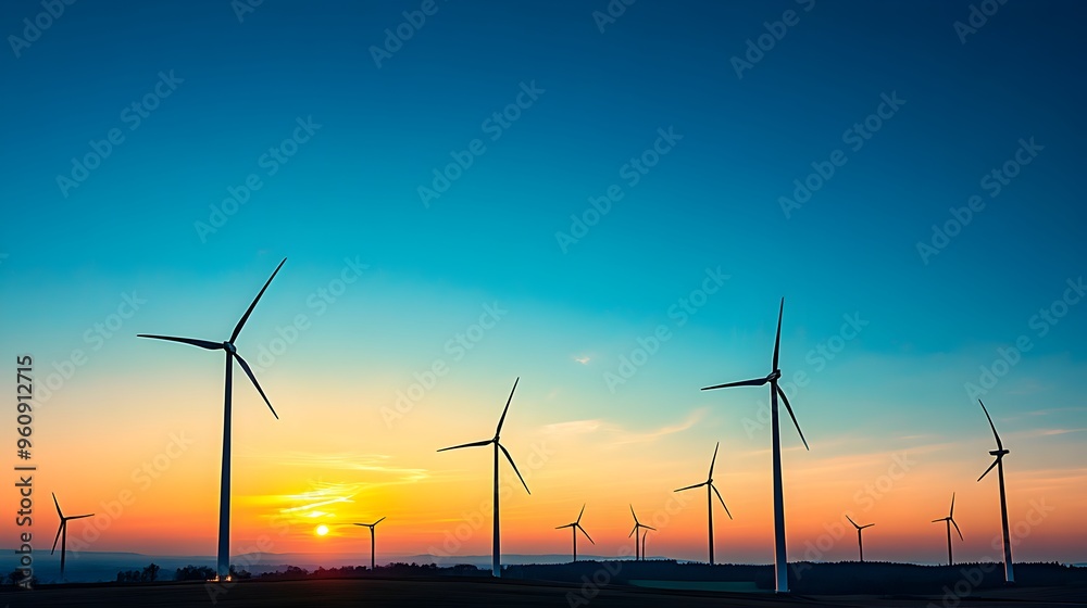 Obraz premium Picturesque Wind Turbines Silhouetted Against a Breathtaking Sunset Sky