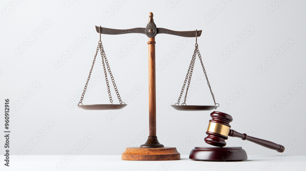 Symbolic representation of justice and law with scales and gavel on white background. Concept for legal system, fairness, and judgement Symbolic representation of justice and law with scales and gavel on white background. Concept for legal system, fairness, and judgement