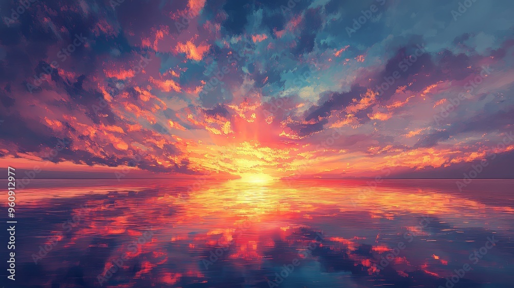 Visualize a breathtaking sunset over a vast ocean, with the sky ablaze with colors and the water reflecting the vibrant hues, creating a stunning and serene scene Visualize a breathtaking sunset over a vast ocean, with the sky ablaze with colors and the water reflecting the vibrant hues, creating a stunning and serene scene