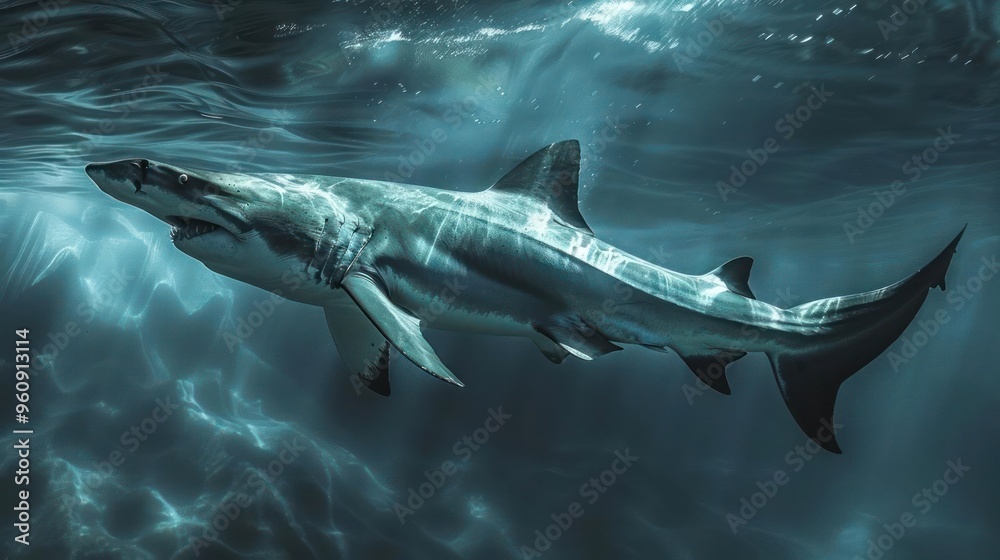 Naklejka premium White shark gliding through the ocean depths.