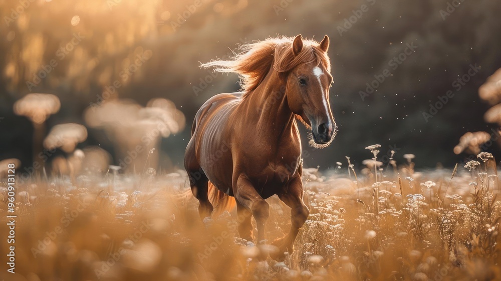 A majestic brown horse galloping through a field of tall grass with wildflowers, A majestic brown horse galloping through a field of tall grass with wildflowers,