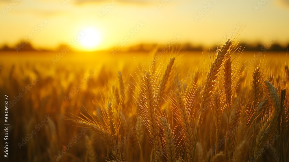 Stunning Sunset Over Expansive Wheat Field in Lush Agricultural Landscape