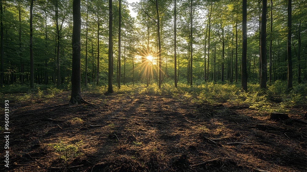 Obraz premium Sunbeams Shining Through Lush Forest Conservation Efforts