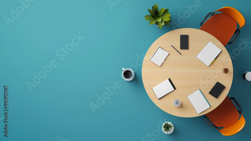 Top view of a modern workspace with a round table, stationery, smartphone, coffee cup, and plant. Concept of productivity and creativity photo