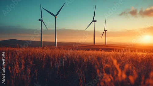 Stunning Renewable Wind Power in Picturesque Rural Landscape at Dramatic Sunset or Sunrise