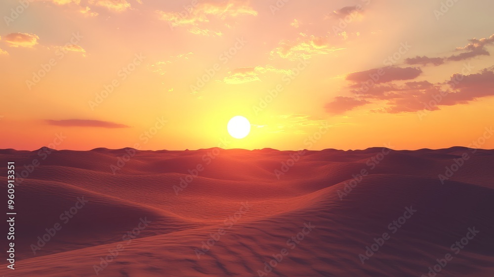 Visualize the desert sun setting in the distance, with its last rays casting a warm glow over the textured sand dunes and creating a tranquil, picturesque scene Visualize the desert sun setting in the distance, with its last rays casting a warm glow over the textured sand dunes and creating a tranquil, picturesque scene