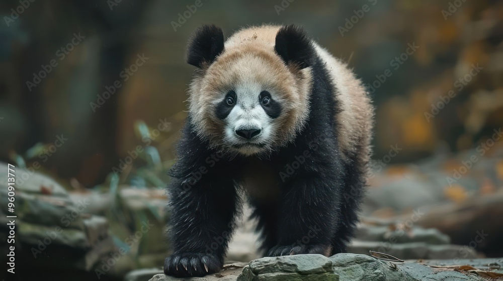 Fototapeta premium A small, adorable panda cub is exploring the woods, with trees and rocks forming a scenic backdrop.