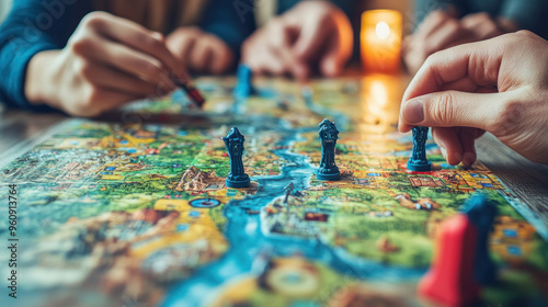 A group of people playing a board game with a map of the world on the table. The game is called Risk and the players are using pieces to represent armies. Scene is competitive and fun