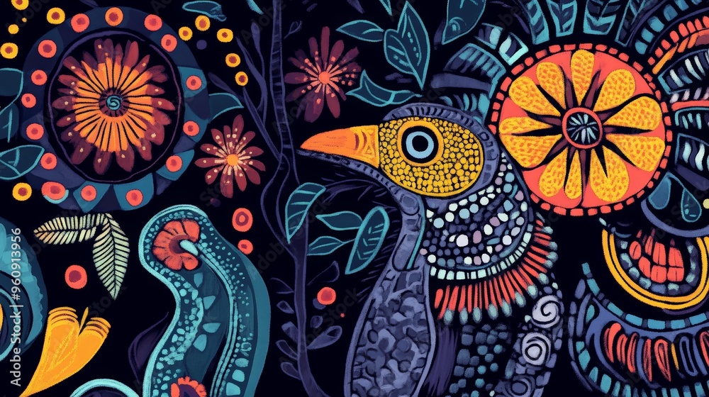 Fototapeta premium A collection of indigenous art pieces inspired by nature, featuring motifs and symbols representing the flora and fauna of native lands.