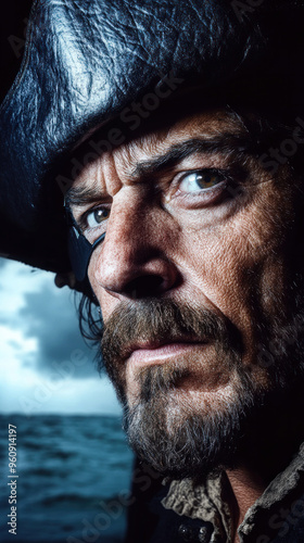 A man with a beard and a pirate hat is staring at the camera. The man's face is covered in beard and he has a black hat on