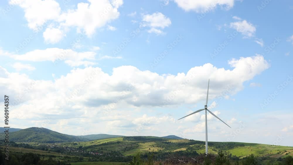 turbines generating electricity, windmill farm, Green energy, electricity production, power generation, sunny day, beautiful scenery, banner