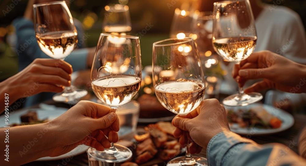 Friends Toasting at Outdoor Dinner Party in Vineyard Friends Toasting at Outdoor Dinner Party in Vineyard