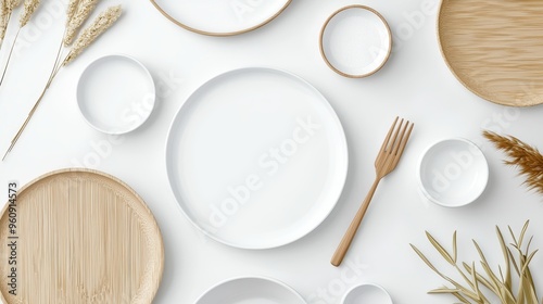 Minimalist Table Setting with Wooden Accents and White Dishes