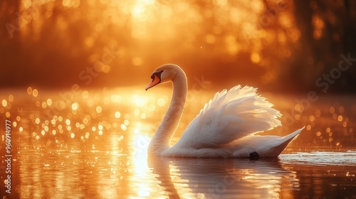 Fototapeta Naklejka Na Ścianę i Meble -  A graceful white swan swims in a golden sunrise on a lake.