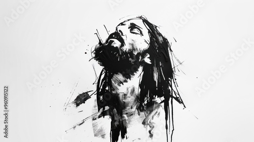 Expressive black and white drawing of Jesus with a crown of thorns, gazing upwards with a poignant expression.