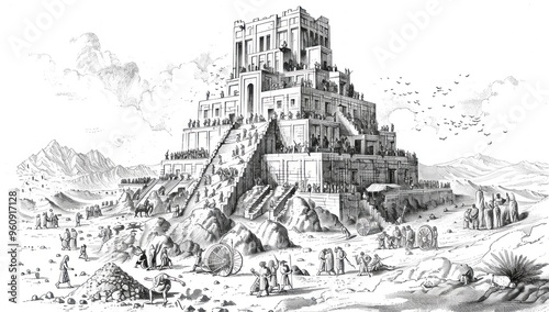 Hand-drawn illustration of the biblical Tower of Babel, depicting the construction scene with workers and a cloudy sky. photo