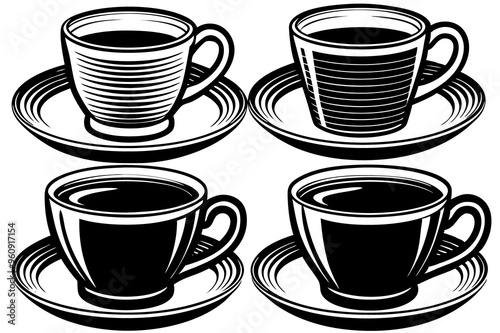 Set of Black and White Cups on Transparent Background - Perfect for Kitchen and Drinkware Designs