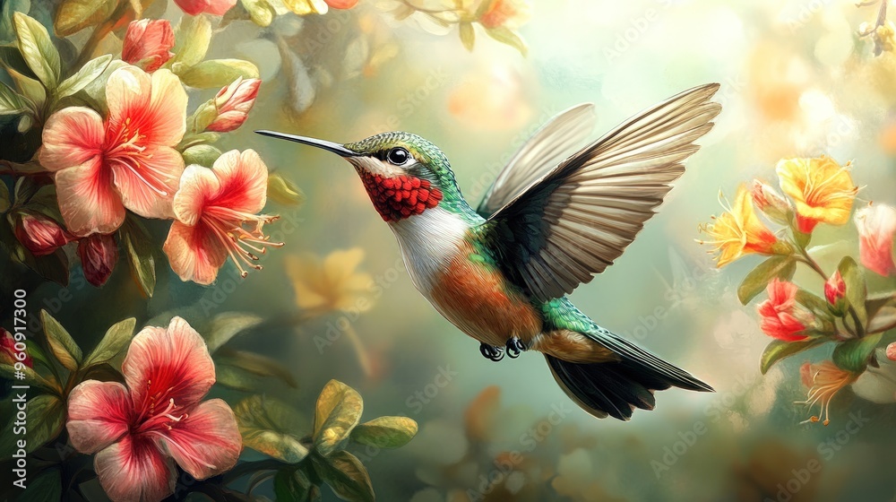 Naklejka premium A vibrant hummingbird hovers in flight, its iridescent feathers gleaming as it seeks nectar from delicate pink and yellow flowers.