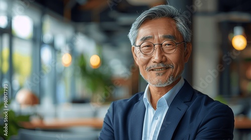 Smiling Senior Asian Businessman in Modern Office