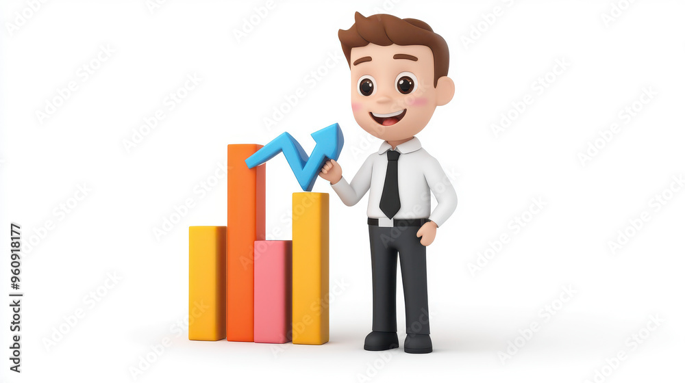 3D cartoon businessman standing next to a bar chart, showing growth, white background 3D cartoon businessman standing next to a bar chart, showing growth, white background