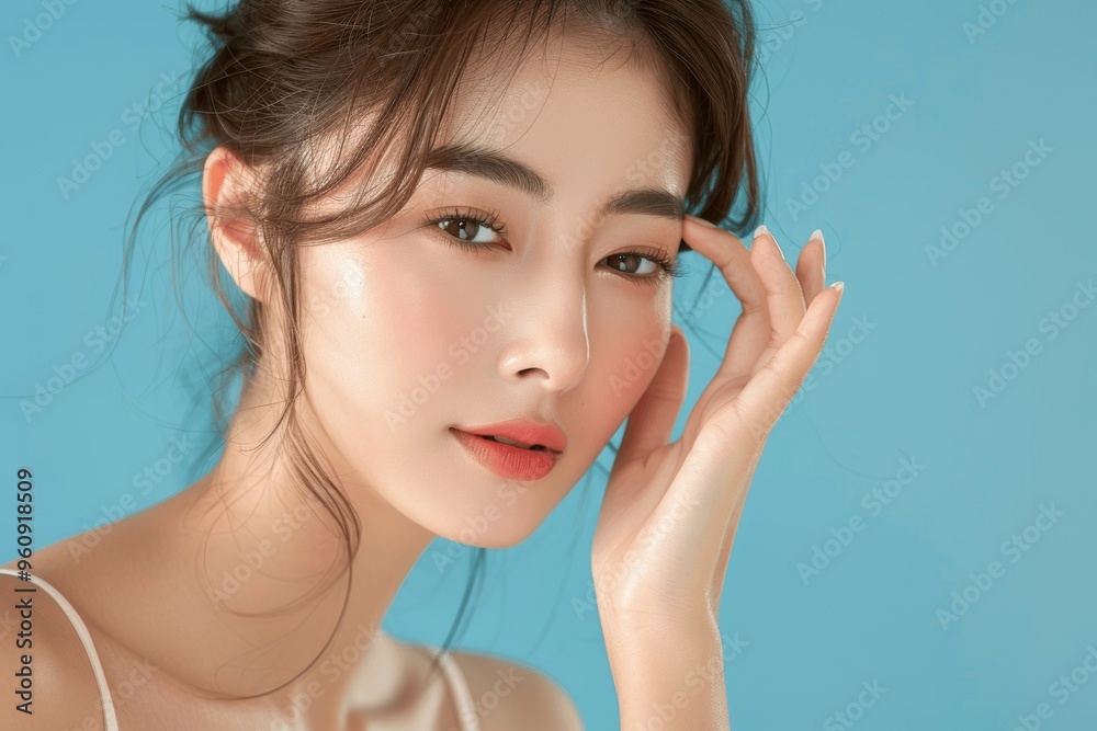 Young Asian Woman Enjoying Fresh Skincare with Perfect Face on Blue Background Young Asian Woman Enjoying Fresh Skincare with Perfect Face on Blue Background