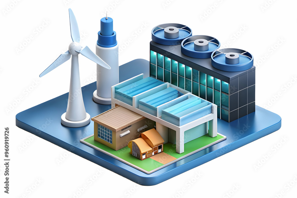 Glossy Factory and Wind Turbine with Holographic Emission Levels: High-Angle Shot Illustrating Energy Production Data. Ideal for Industrial Sustainability Content. Isolated on White Background. (100-1 Glossy Factory and Wind Turbine with Holographic Emission Levels: High-Angle Shot Illustrating Energy Production Data. Ideal for Industrial Sustainability Content. Isolated on White Background. (100-1